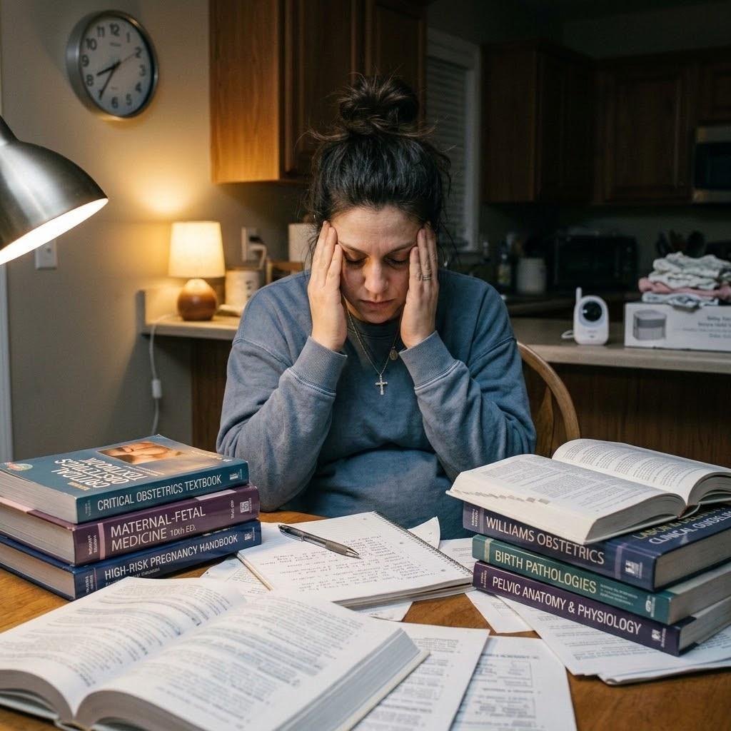 A woman sitting at a desk covered in books, looking stressed